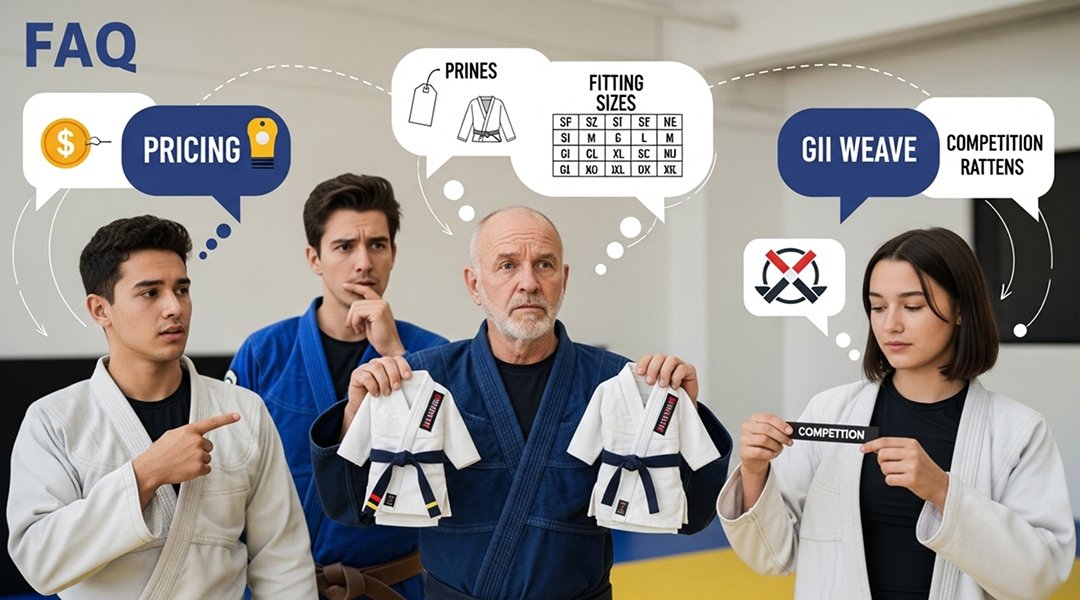Diverse group of BJJ beginners asking common gi questions with visual answer bubbles showing pricing sizing and care information