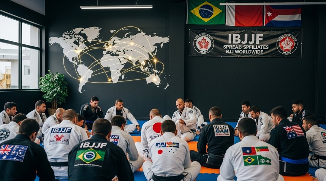 International IBJJF seminar with diverse Brazilian Jiu-Jitsu practitioners from multiple countries training together under IBJJF black belt instructor world map background