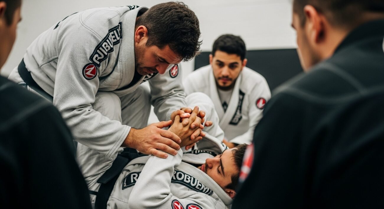 A close-up shot of a BJJ coach patiently teaching the closed guard technique to a beginner, highlighting the hands-on instruction in a jiu-jitsu class.