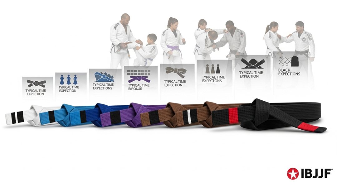 IBJJF belt progression infographic showing white blue purple brown black belt ranking system with time requirements and technical milestones for Brazilian Jiu-Jitsu