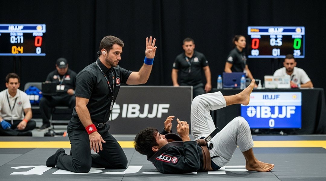 IBJJF tournament referee signaling three points for guard pass while brown belt Brazilian Jiu-Jitsu competitors demonstrate proper technique execution and safety protocols