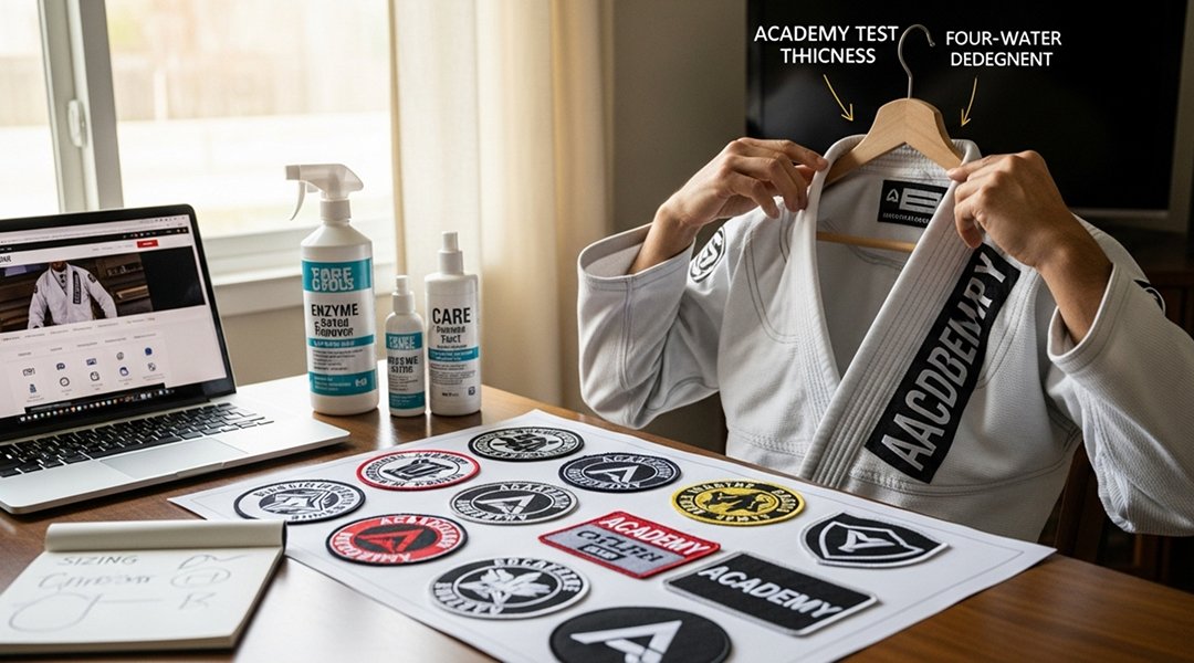 BJJ practitioner at home demonstrating gi care maintenance and customization with patches and cleaning supplies
