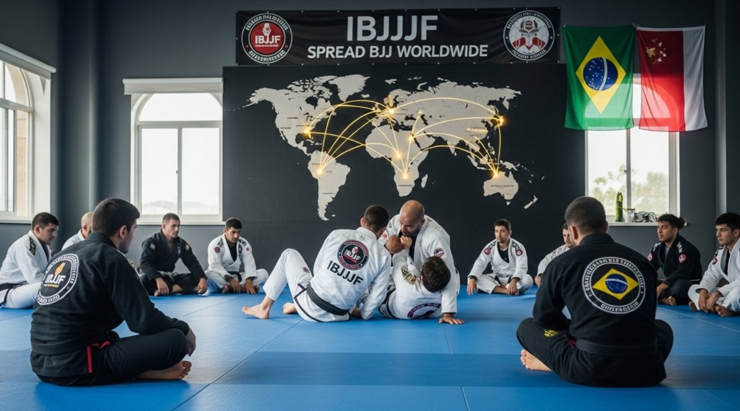 International IBJJF seminar with diverse Brazilian Jiu-Jitsu practitioners from multiple countries training together under IBJJF black belt instructor world map background