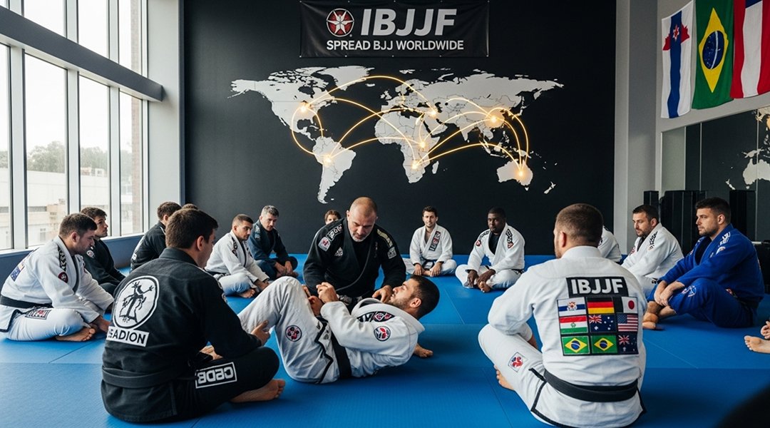 International IBJJF seminar with diverse Brazilian Jiu-Jitsu practitioners from multiple countries training together under IBJJF black belt instructor world map background