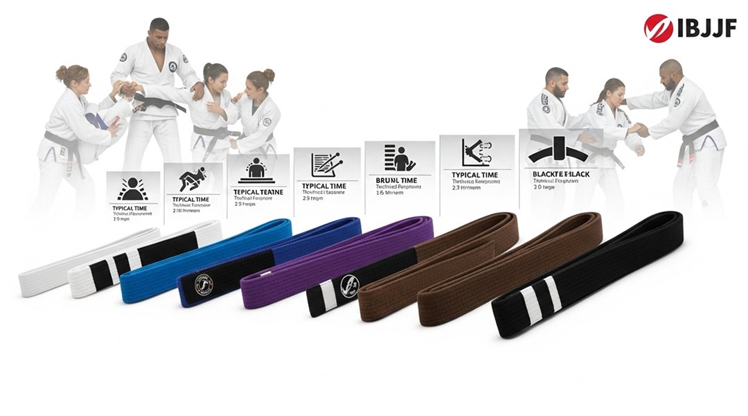 IBJJF belt progression infographic showing white blue purple brown black belt ranking system with time requirements and technical milestones for Brazilian Jiu-Jitsu