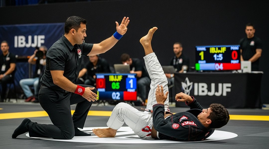 IBJJF tournament referee signaling three points for guard pass while brown belt Brazilian Jiu-Jitsu competitors demonstrate proper technique execution and safety protocols