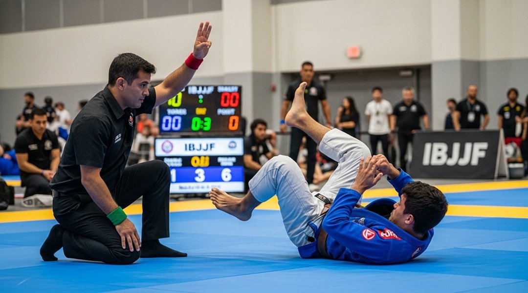 IBJJF tournament referee signaling three points for guard pass while brown belt Brazilian Jiu-Jitsu competitors demonstrate proper technique execution and safety protocols