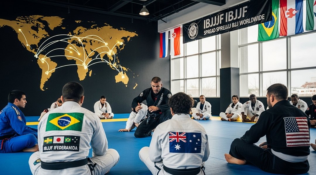 International IBJJF seminar with diverse Brazilian Jiu-Jitsu practitioners from multiple countries training together under IBJJF black belt instructor world map background