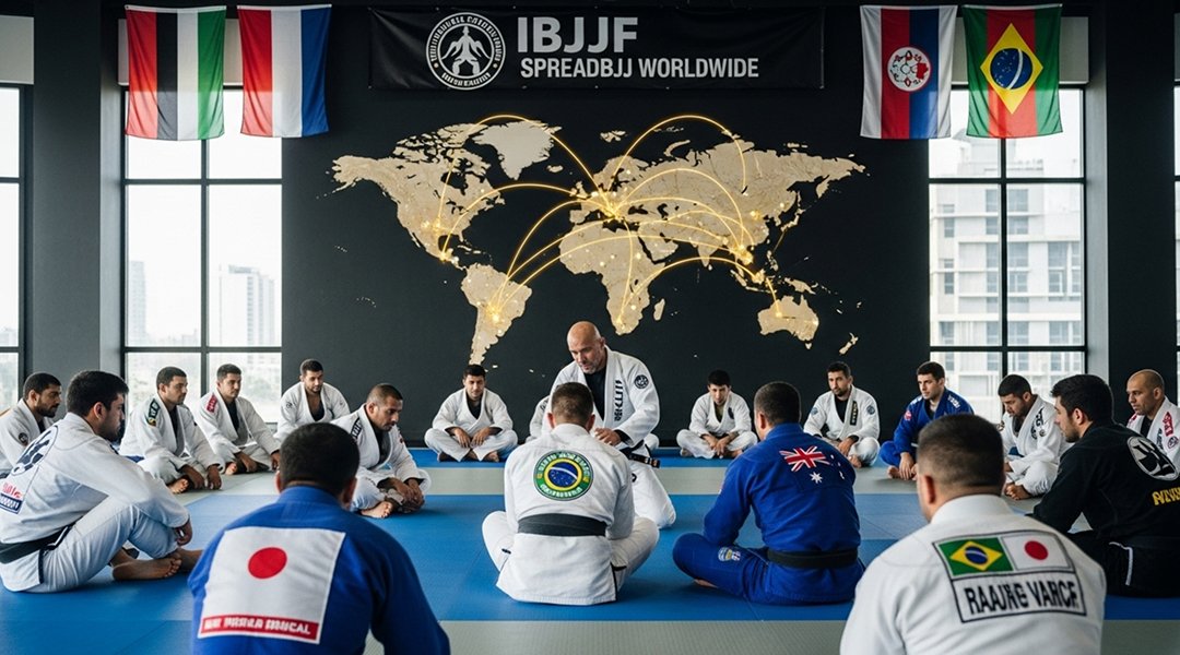 International IBJJF seminar with diverse Brazilian Jiu-Jitsu practitioners from multiple countries training together under IBJJF black belt instructor world map background
