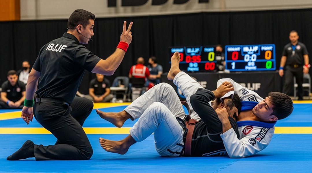 IBJJF tournament referee signaling three points for guard pass while brown belt Brazilian Jiu-Jitsu competitors demonstrate proper technique execution and safety protocols
