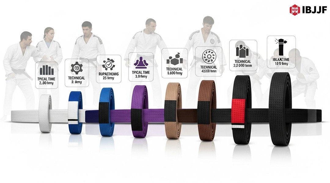 IBJJF belt progression infographic showing white blue purple brown black belt ranking system with time requirements and technical milestones for Brazilian Jiu-Jitsu