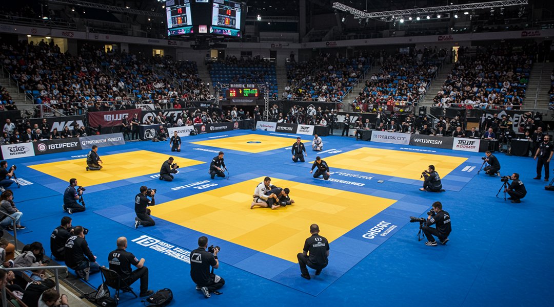 Aerial view IBJJF World Championship competition arena with elite black belt Brazilian Jiu-Jitsu athletes competing on official blue mats surrounded by packed crowd