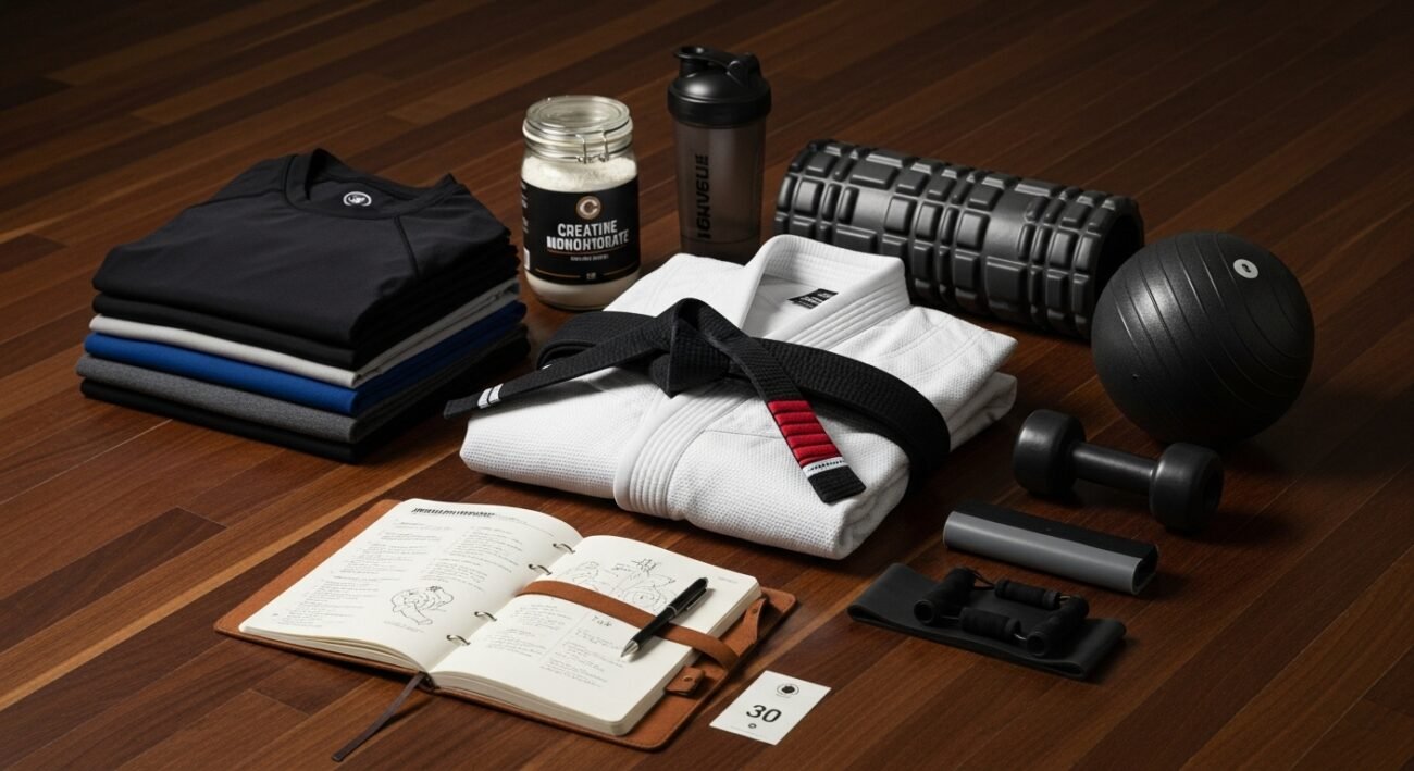 Professional quality BJJ training gear and recovery tools neatly arranged for adult beginner