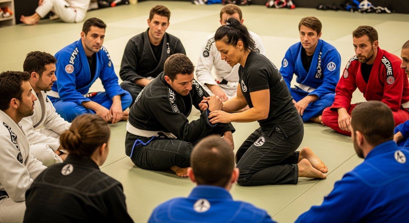 Diverse group of adults in various colored BJJ gis learning Brazilian Jiu-Jitsu fundamentals in a welcoming academy
