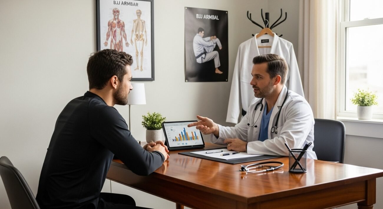 Doctor consulting a 30-plus patient on fitness plans for Brazilian Jiu-Jitsu training