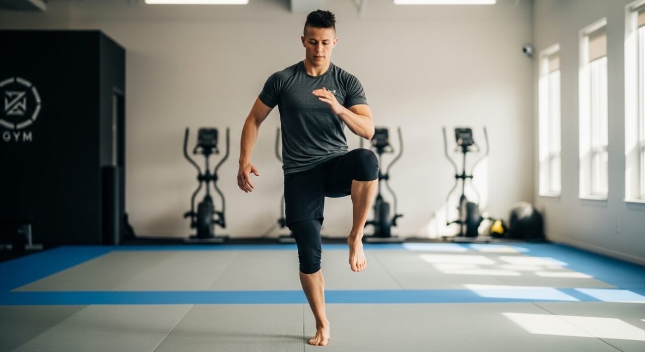 30-something performing mobility warm-up exercises on Brazilian Jiu-Jitsu mats