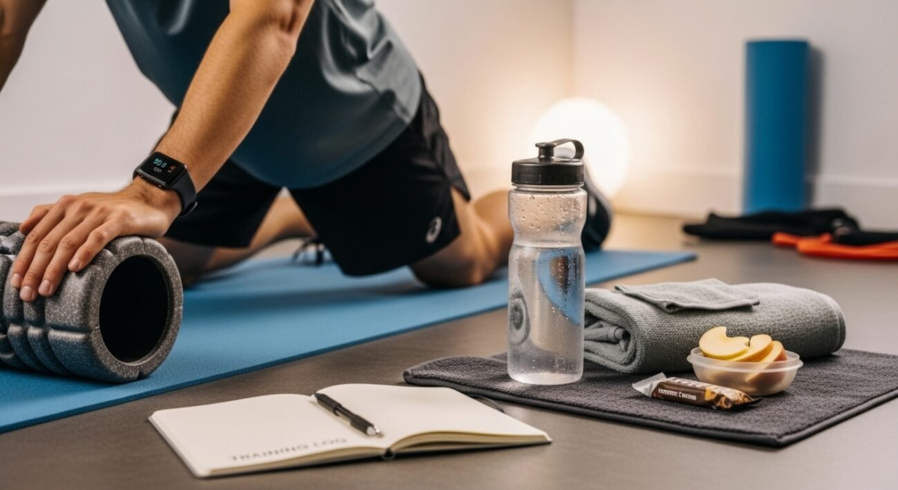 Recovery station with foam roller, water bottle, towel, and healthy snack for BJJ training recovery