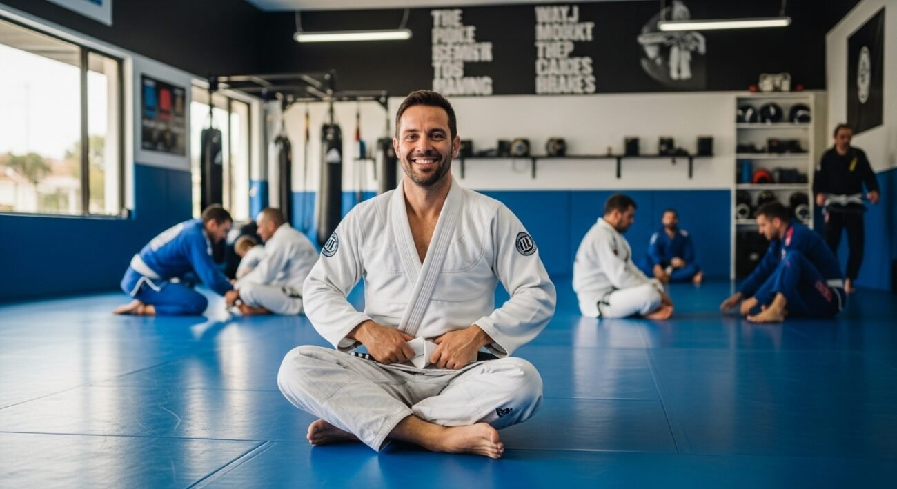 Confident 30-something man in a white BJJ gi sitting on training mats, ready to start Brazilian Jiu-Jitsu at 30 ( Starting BJJ at 30 ).